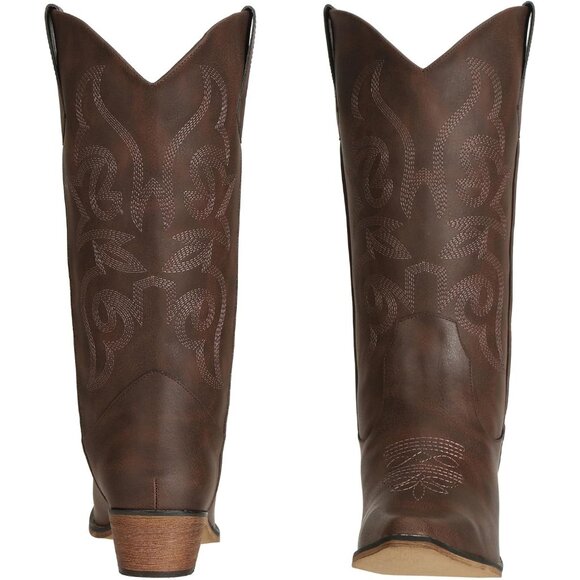 SheSole Western Boots Women Dark Brown Faux Leather Square Toe Wide Mid Calf - Picture 2 of 7